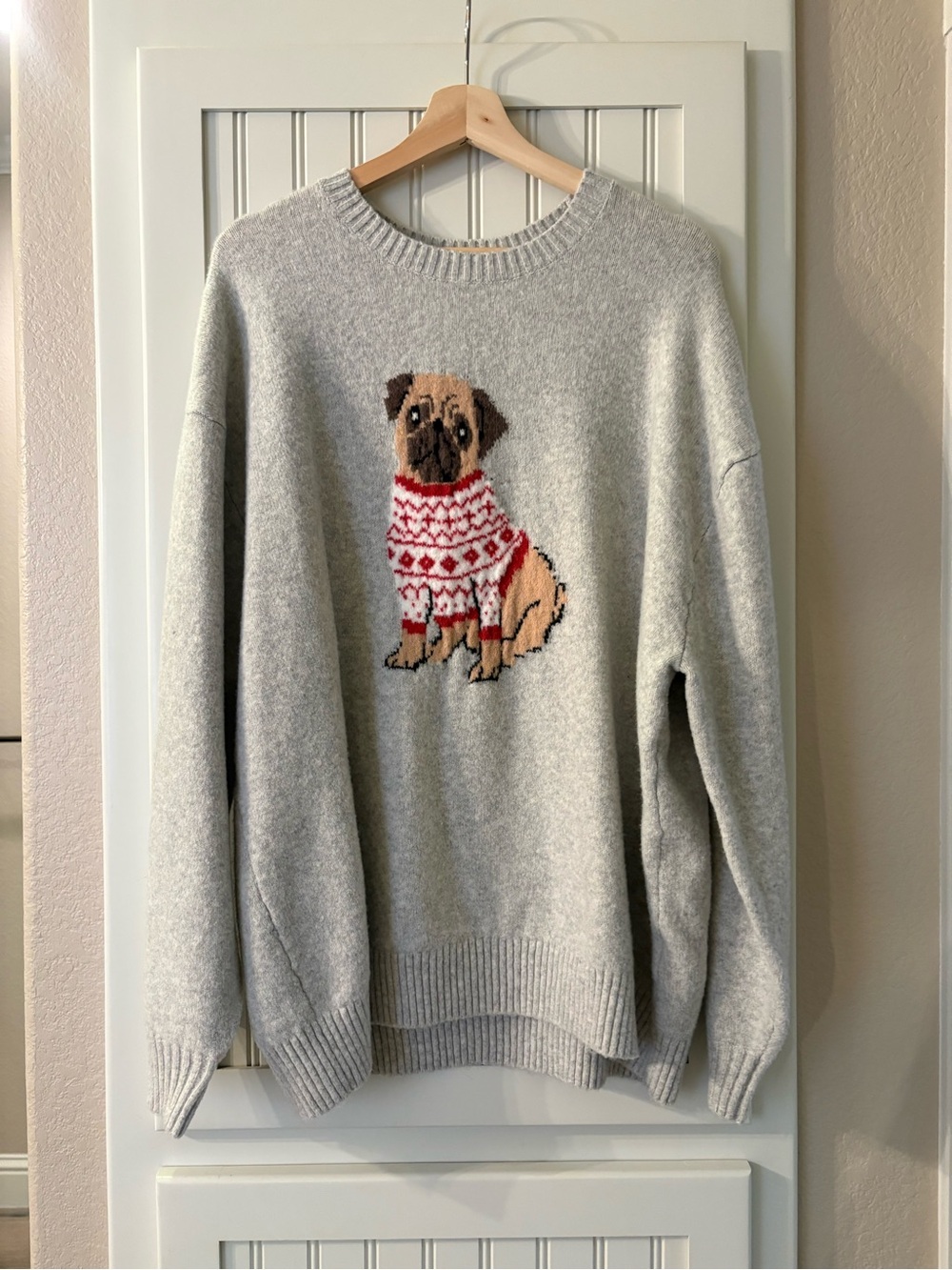 Hollister Light Gray Crewneck Sweater with Pug Motif